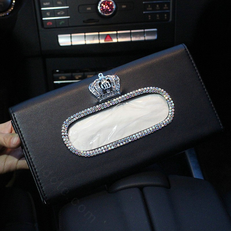 Luxury Leather Diamond Car Tissue Paper Box Holder Case Auto Interior Accessories - Black