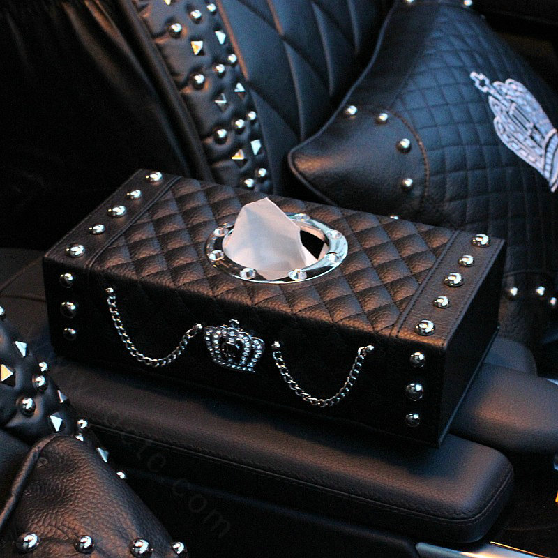 Luxury Leather Rivets Car Tissue Paper Box Holder Case Auto Interior Accessories - Black
