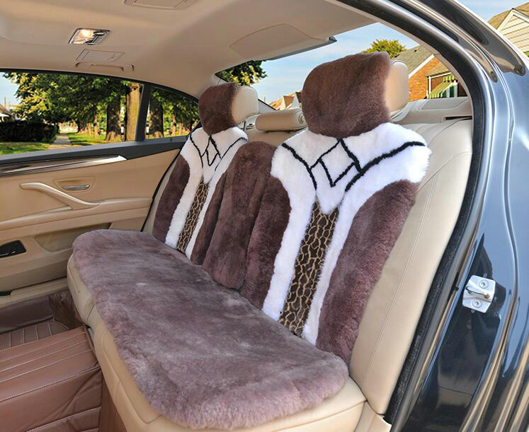 Luxury Leopard Pure Wool Car Seat Cushion Universal Sheepskin Fur Pads 5pcs Sets - Bean Paste