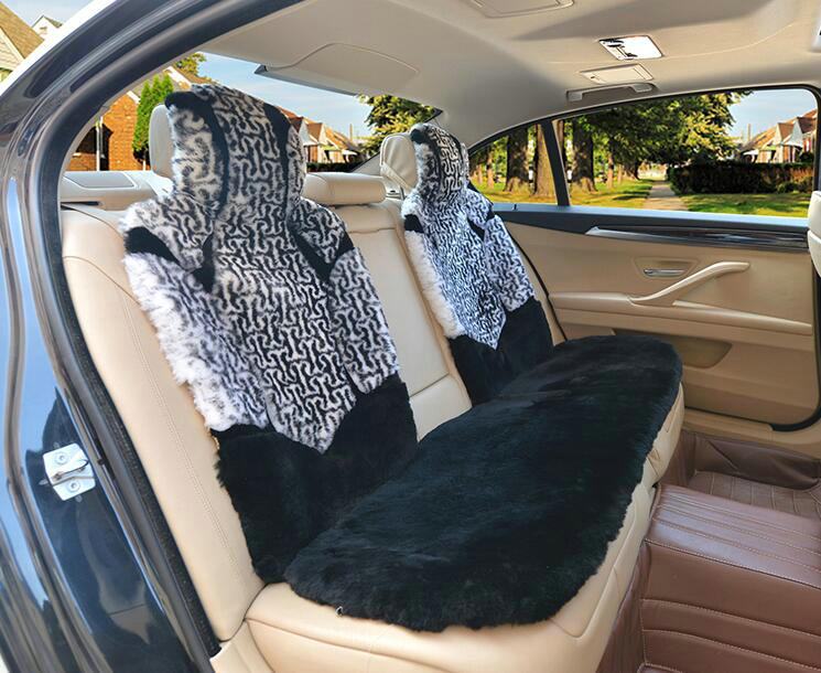 Luxury Leopard Pure Wool Car Seat Cushion Universal Sheepskin Fur Pads 5pcs Sets - Black