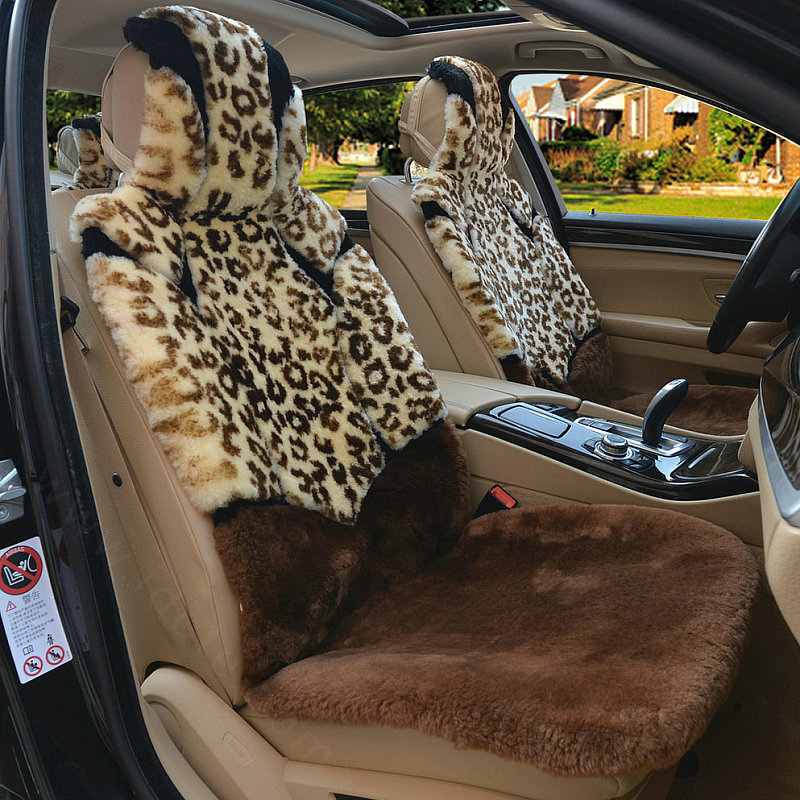 Luxury Leopard Pure Wool Car Seat Cushion Universal Sheepskin Fur Pads 5pcs Sets - Brown