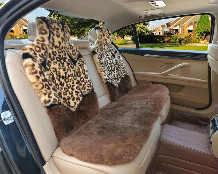 Luxury Leopard Pure Wool Car Seat Cushion Universal Sheepskin Fur Pads 5pcs Sets - Brown