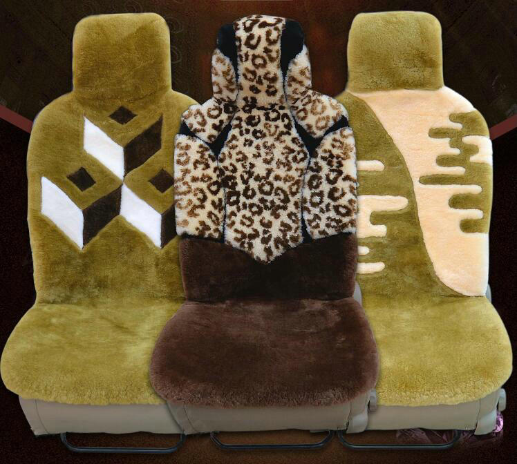Luxury Leopard Pure Wool Car Seat Cushion Universal Sheepskin Fur Pads 5pcs Sets - Brown
