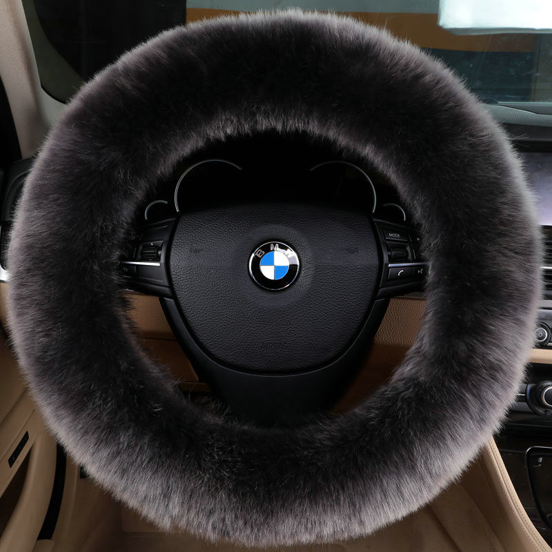 Luxury Long Fur Wool Car Steering Wheel Covers Handle Sleeves 15 Inch 38CM - Black Gray