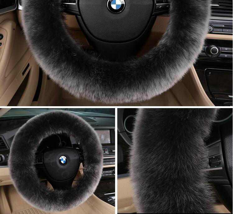 Luxury Long Fur Wool Car Steering Wheel Covers Handle Sleeves 15 Inch 38CM - Black Gray
