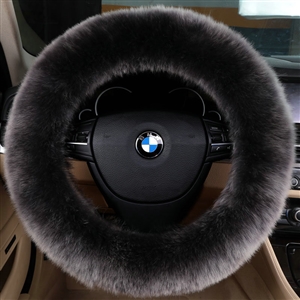 Luxury Long Fur Wool Car Steering Wheel Covers Handle Sleeves 15 Inch 38CM - Black Gray