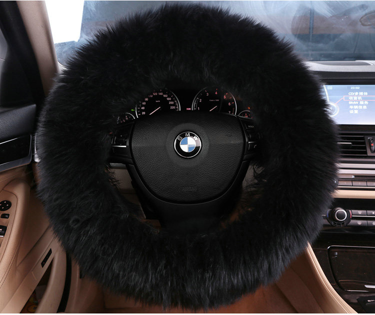 Luxury Long Fur Wool Car Steering Wheel Covers Handle Sleeves 15 Inch 38CM - Black