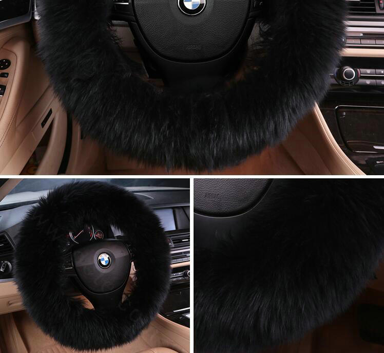 Luxury Long Fur Wool Car Steering Wheel Covers Handle Sleeves 15 Inch 38CM - Black