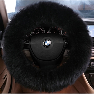 Luxury Long Fur Wool Car Steering Wheel Covers Handle Sleeves 15 Inch 38CM - Black