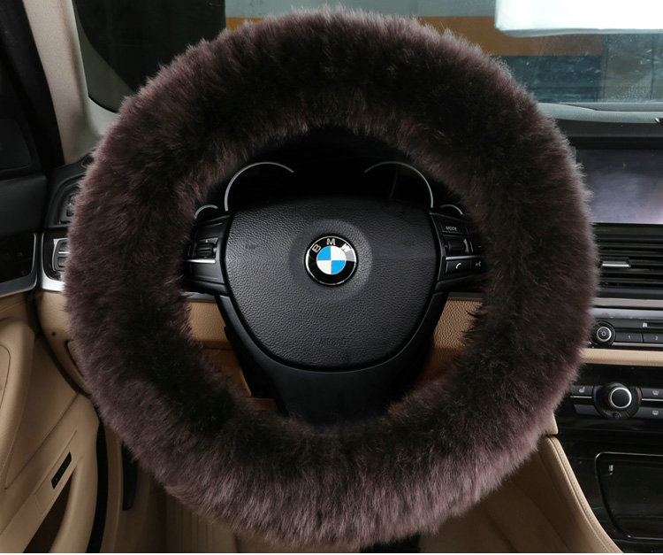 Luxury Long Fur Wool Car Steering Wheel Covers Handle Sleeves 15 Inch 38CM - Brown