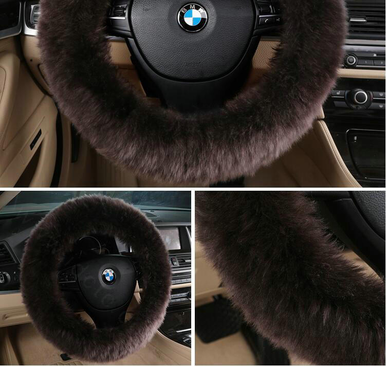 Luxury Long Fur Wool Car Steering Wheel Covers Handle Sleeves 15 Inch 38CM - Brown