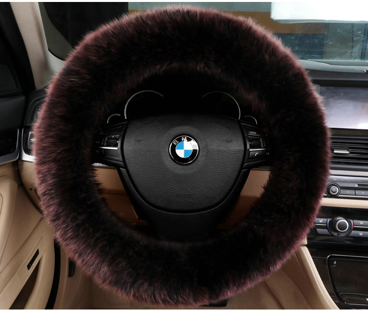 Luxury Long Fur Wool Car Steering Wheel Covers Handle Sleeves 15 Inch 38CM - Coffee