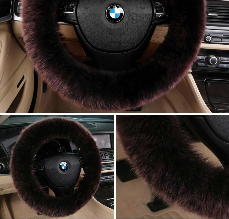 Luxury Long Fur Wool Car Steering Wheel Covers Handle Sleeves 15 Inch 38CM - Coffee