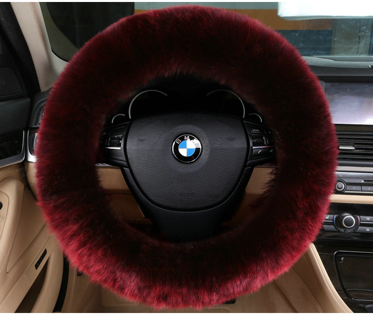 Luxury Long Fur Wool Car Steering Wheel Covers Handle Sleeves 15 Inch 38CM - Dark Red