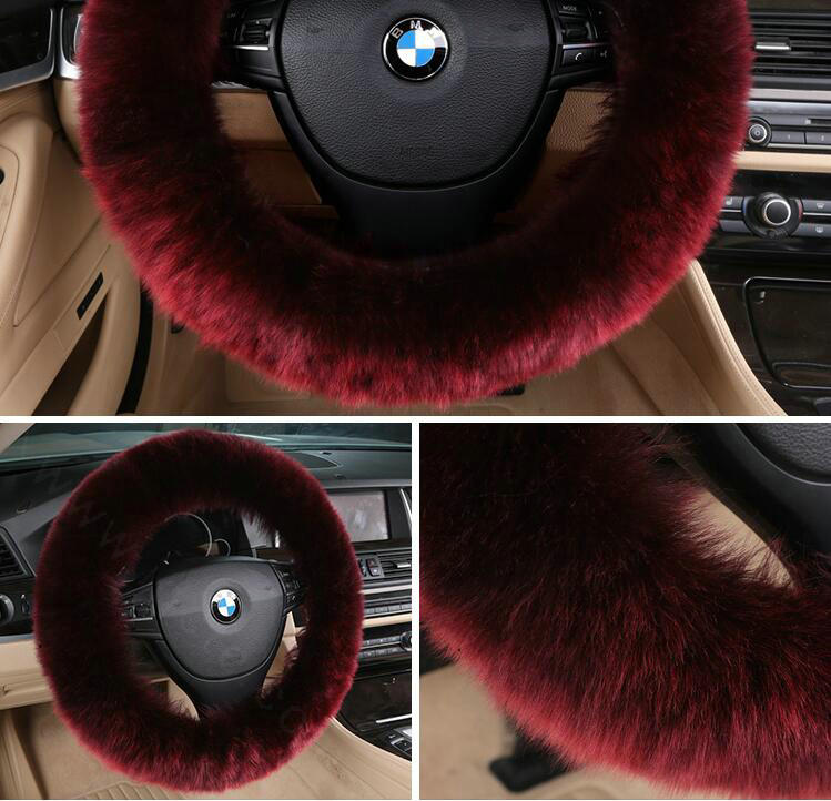 Luxury Long Fur Wool Car Steering Wheel Covers Handle Sleeves 15 Inch 38CM - Dark Red