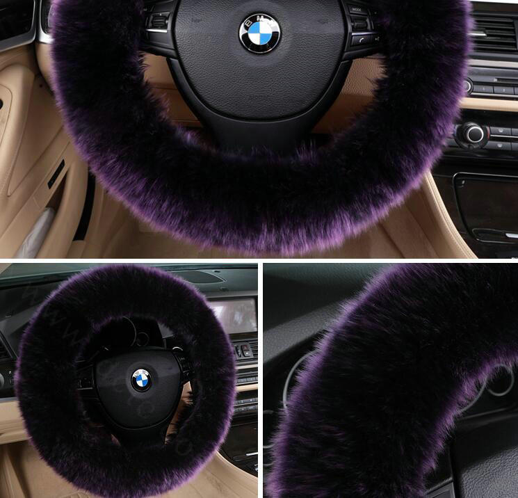 Luxury Long Fur Wool Car Steering Wheel Covers Handle Sleeves 15 Inch 38CM - Purple
