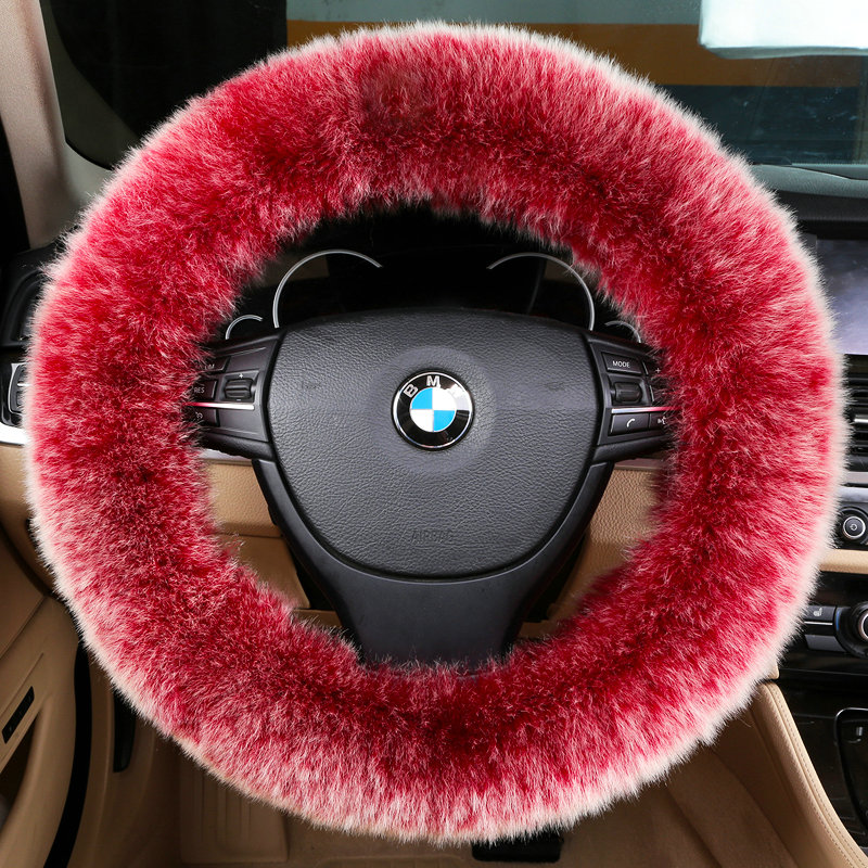 Luxury Long Fur Wool Car Steering Wheel Covers Handle Sleeves 15 Inch 38CM - Red White