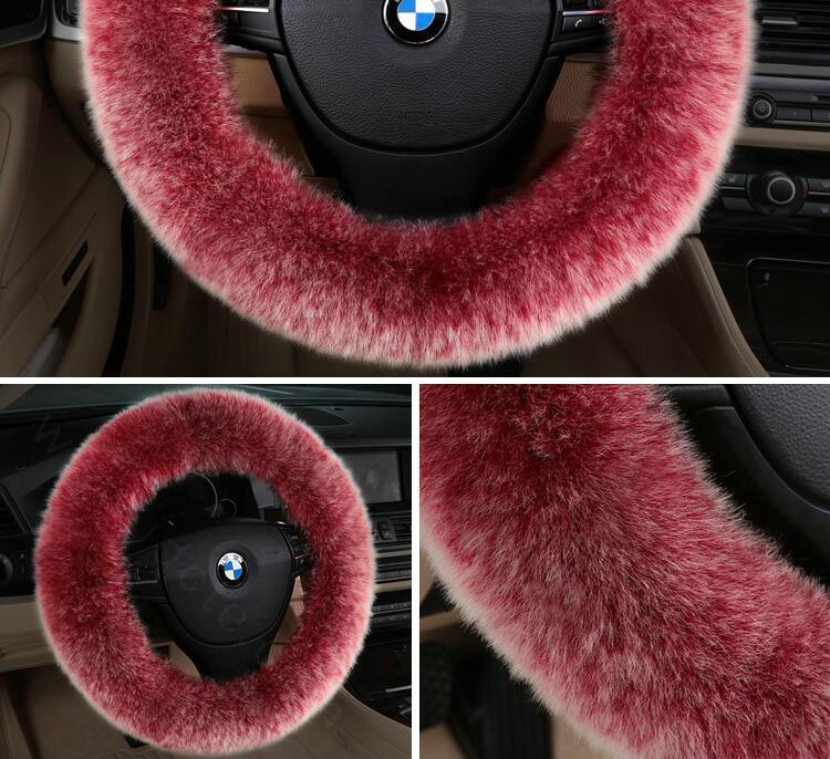 Luxury Long Fur Wool Car Steering Wheel Covers Handle Sleeves 15 Inch 38CM - Red White