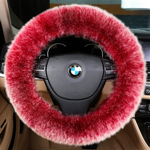 Luxury Long Fur Wool Car Steering Wheel Covers Handle Sleeves 15 Inch 38CM - Red White