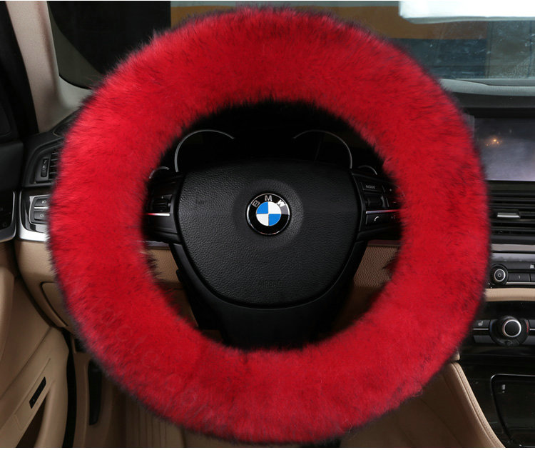 Luxury Long Fur Wool Car Steering Wheel Covers Handle Sleeves 15 Inch 38CM - Red