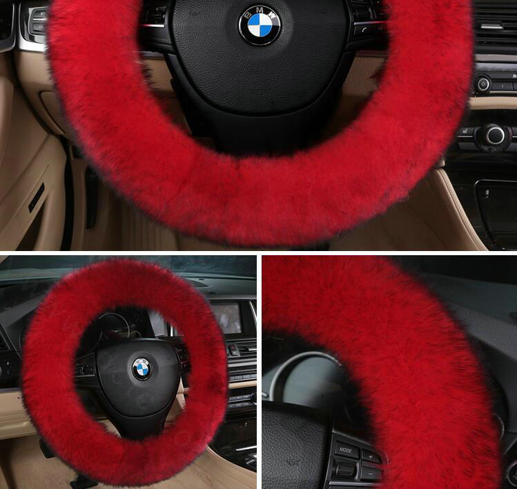 Luxury Long Fur Wool Car Steering Wheel Covers Handle Sleeves 15 Inch 38CM - Red