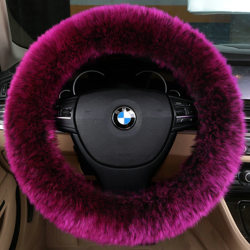Luxury Long Fur Wool Car Steering Wheel Covers Handle Sleeves 15 Inch 38CM - Rose