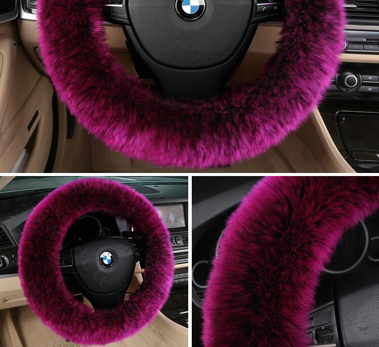 Luxury Long Fur Wool Car Steering Wheel Covers Handle Sleeves 15 Inch 38CM - Rose
