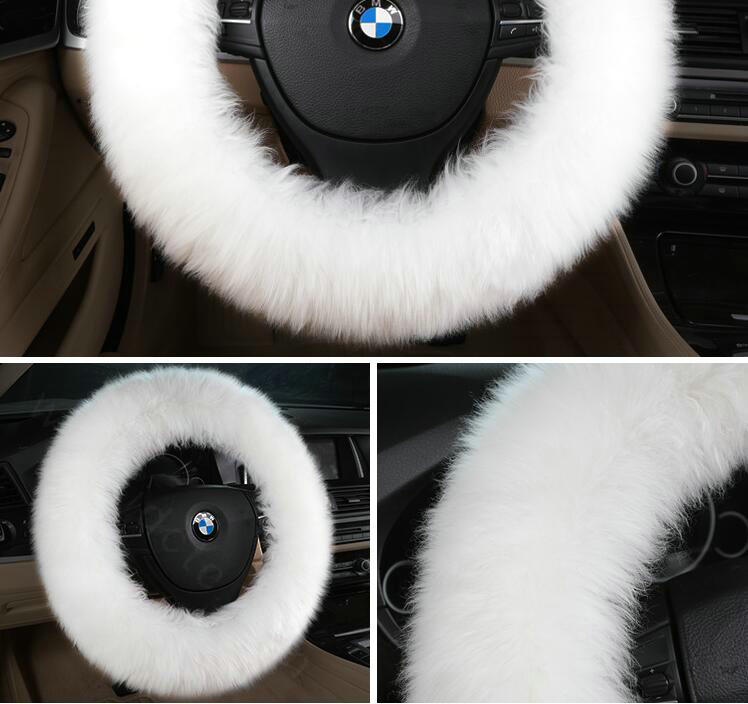 Luxury Long Fur Wool Car Steering Wheel Covers Handle Sleeves 15 Inch 38CM - White