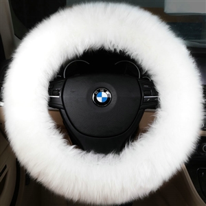 Luxury Long Fur Wool Car Steering Wheel Covers Handle Sleeves 15 Inch 38CM - White