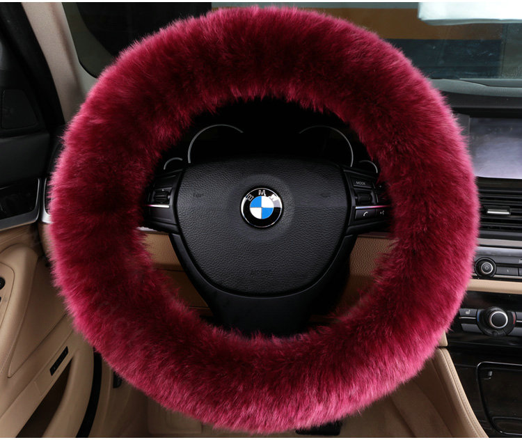 Luxury Long Fur Wool Car Steering Wheel Covers Handle Sleeves 15 Inch 38CM - Wine Red