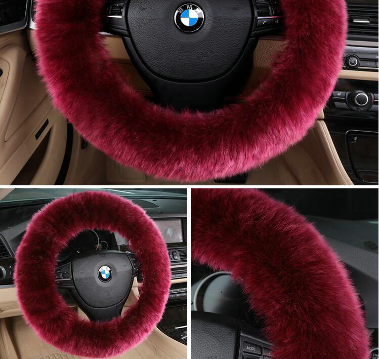 Luxury Long Fur Wool Car Steering Wheel Covers Handle Sleeves 15 Inch 38CM - Wine Red