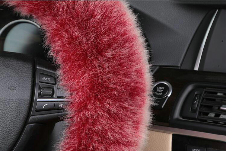 Luxury Long Fur Wool Car Steering Wheel Covers Handle Sleeves 15 Inch 38CM - Wine Red