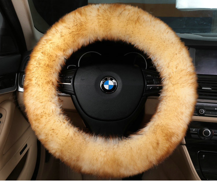Luxury Long Fur Wool Car Steering Wheel Covers Handle Sleeves 15 Inch 38CM - Yellow