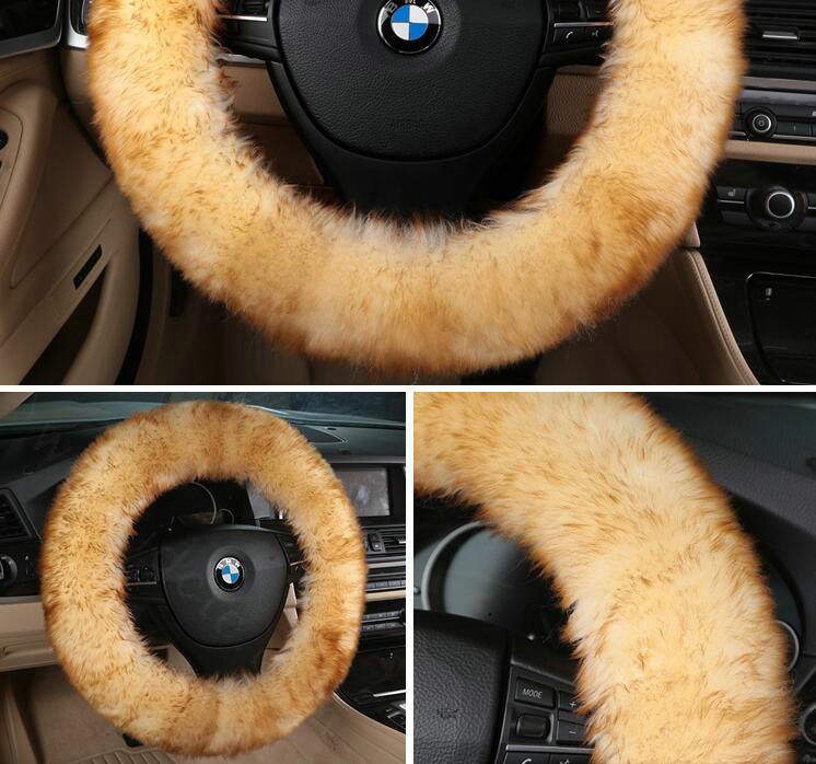 Luxury Long Fur Wool Car Steering Wheel Covers Handle Sleeves 15 Inch 38CM - Yellow