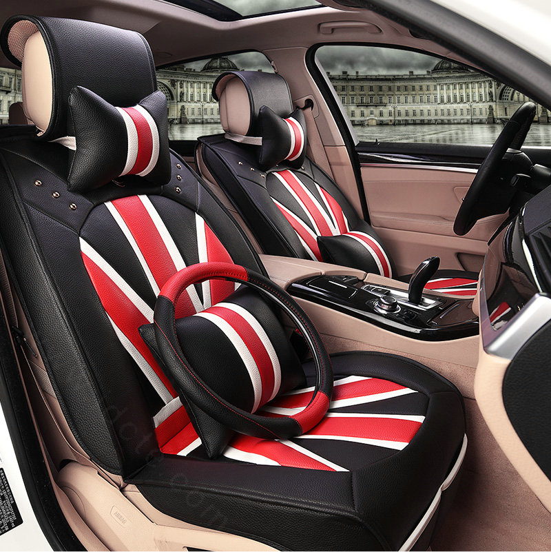 Luxury Mi British Flag Style Universal Car Seat Cushion PU Leather 12pcs Sets - Black Red