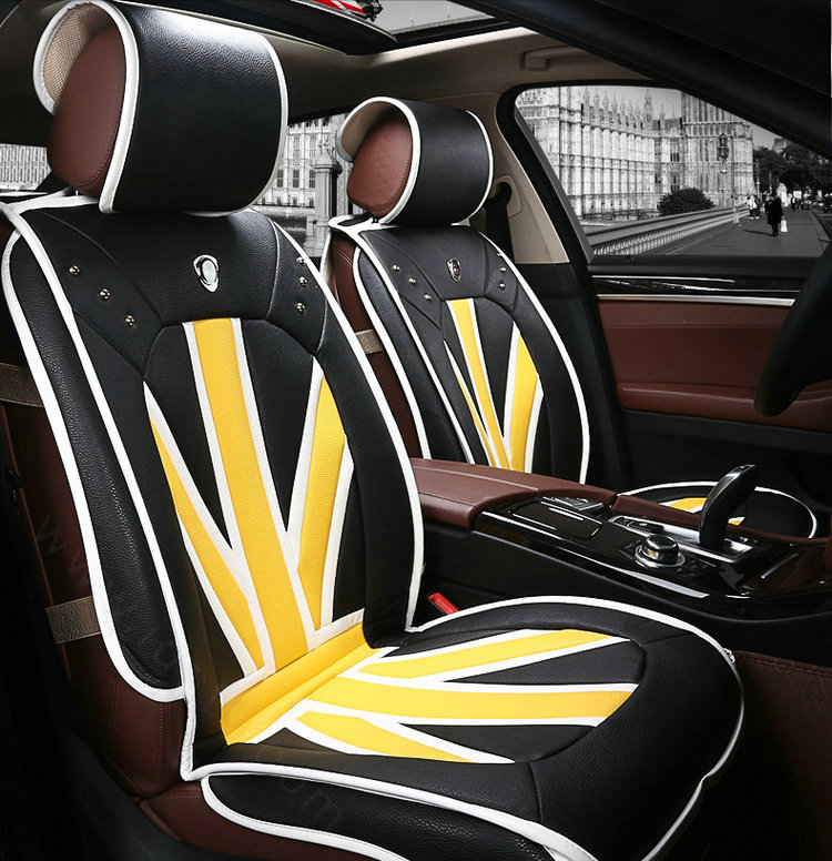 Luxury Mi British Flag Style Universal Car Seat Cushion PU Leather 12pcs Sets - Black Yellow