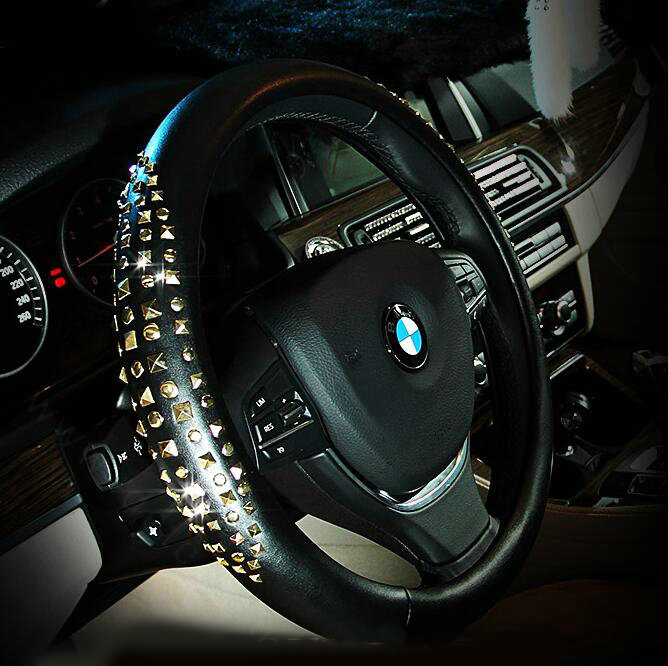 Luxury Punk Gold Rivets Genuine Leather Car Steering Wheel Covers 15 inch 38CM - Black