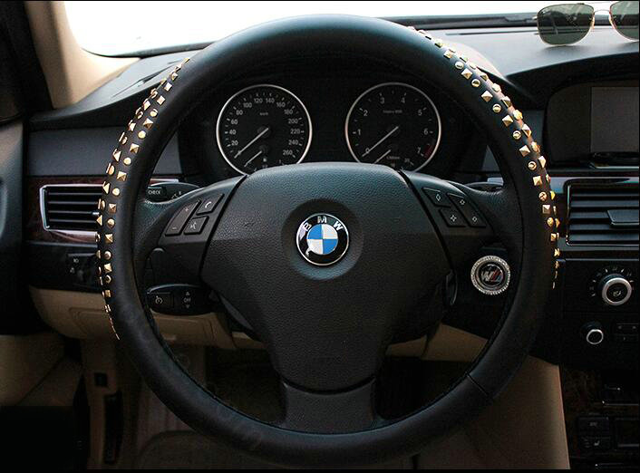 Luxury Punk Gold Rivets Genuine Leather Car Steering Wheel Covers 15 inch 38CM - Black