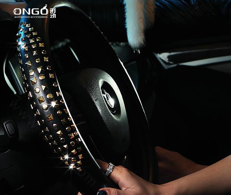 Luxury Punk Gold Rivets Genuine Leather Car Steering Wheel Covers 15 inch 38CM - Black