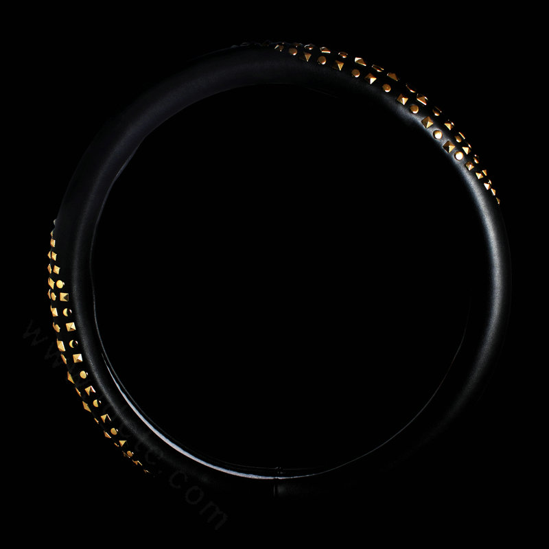 Luxury Punk Gold Rivets Genuine Leather Car Steering Wheel Covers 15 inch 38CM - Black