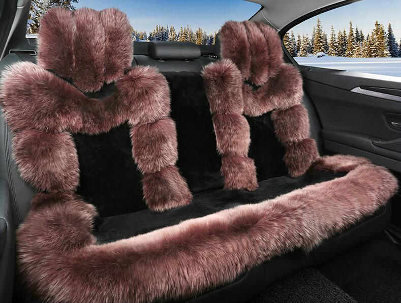 Luxury Pure Wool Automobile Seat Cushion Universal Sheepskin Fur Pads 6pcs Sets - Black Calme