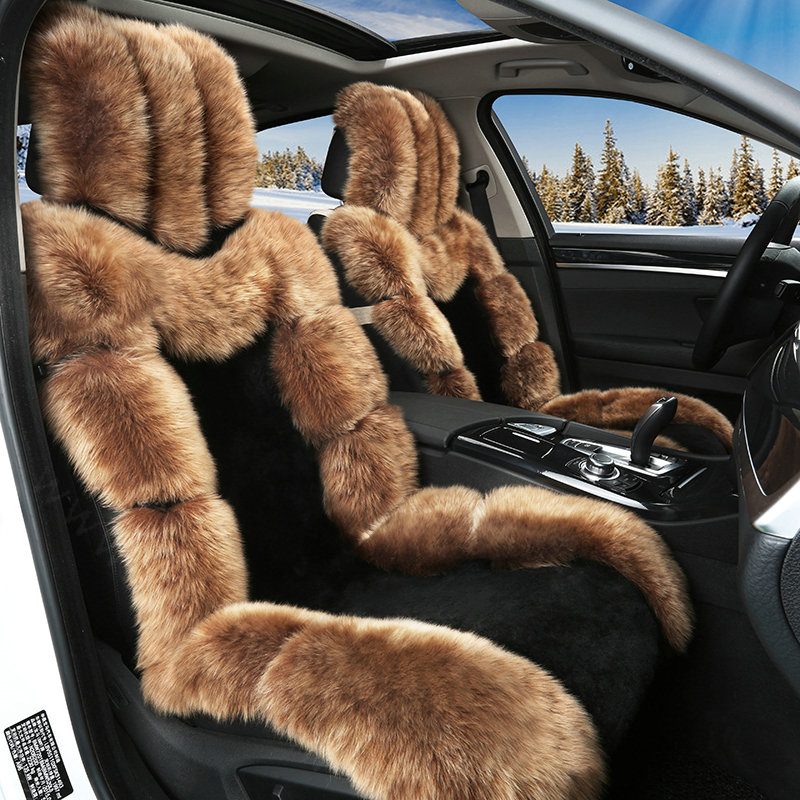 Luxury Pure Wool Automobile Seat Cushion Universal Sheepskin Fur Pads 6pcs Sets - Black Coffee