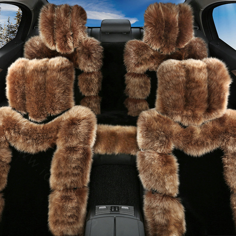 Luxury Pure Wool Automobile Seat Cushion Universal Sheepskin Fur Pads 6pcs Sets - Black Coffee