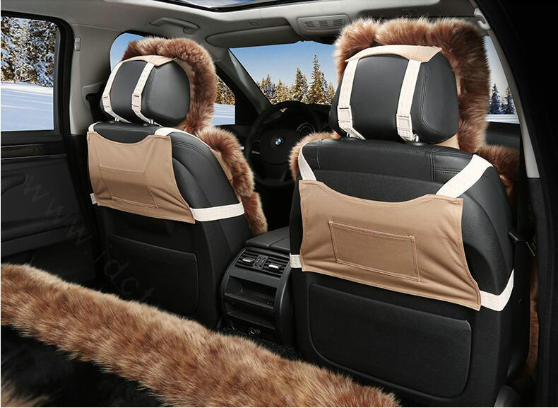 Luxury Pure Wool Automobile Seat Cushion Universal Sheepskin Fur Pads 6pcs Sets - Black Coffee