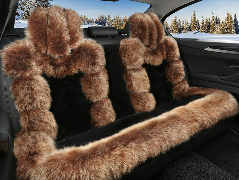 Luxury Pure Wool Automobile Seat Cushion Universal Sheepskin Fur Pads 6pcs Sets - Black Coffee