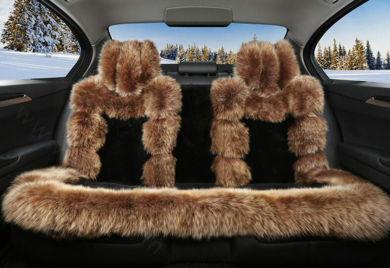 Luxury Pure Wool Automobile Seat Cushion Universal Sheepskin Fur Pads 6pcs Sets - Black Coffee