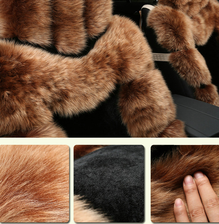 Luxury Pure Wool Automobile Seat Cushion Universal Sheepskin Fur Pads 6pcs Sets - Black Coffee