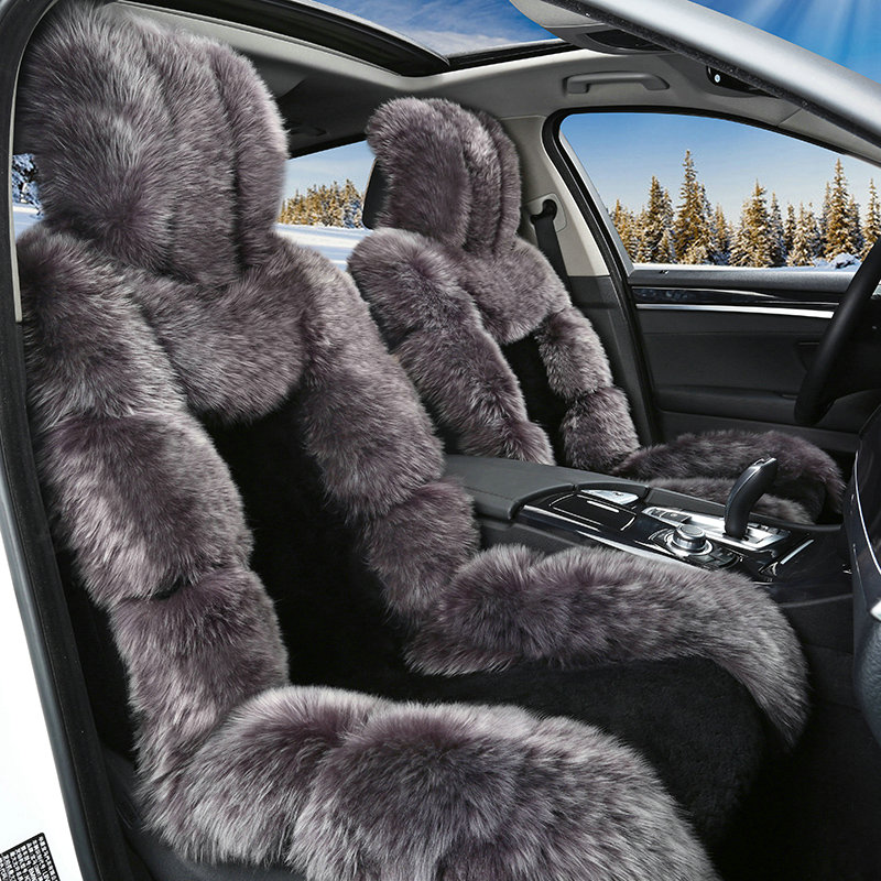 Luxury Pure Wool Automobile Seat Cushion Universal Sheepskin Fur Pads 6pcs Sets - Black Gray