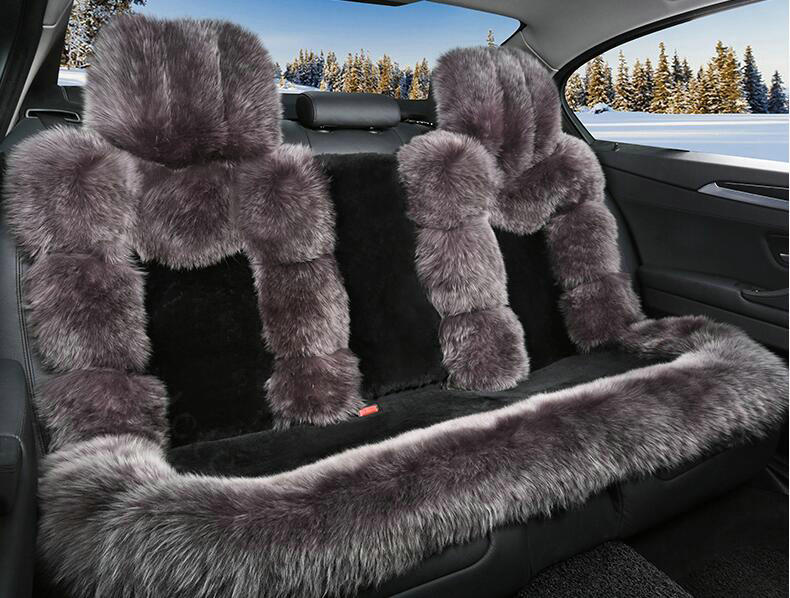 Luxury Pure Wool Automobile Seat Cushion Universal Sheepskin Fur Pads 6pcs Sets - Black Gray