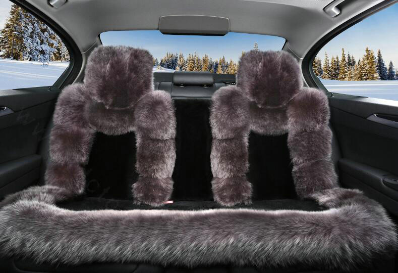 Luxury Pure Wool Automobile Seat Cushion Universal Sheepskin Fur Pads 6pcs Sets - Black Gray